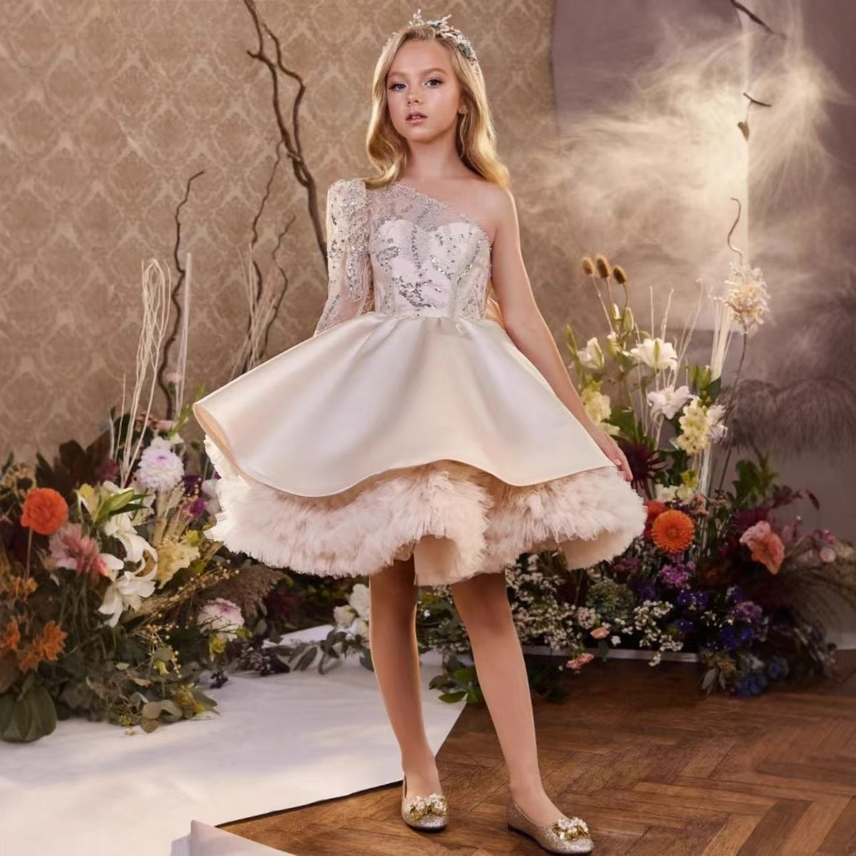Princess Girl Dress One Sleeve Kids Birthday Party Gown D171