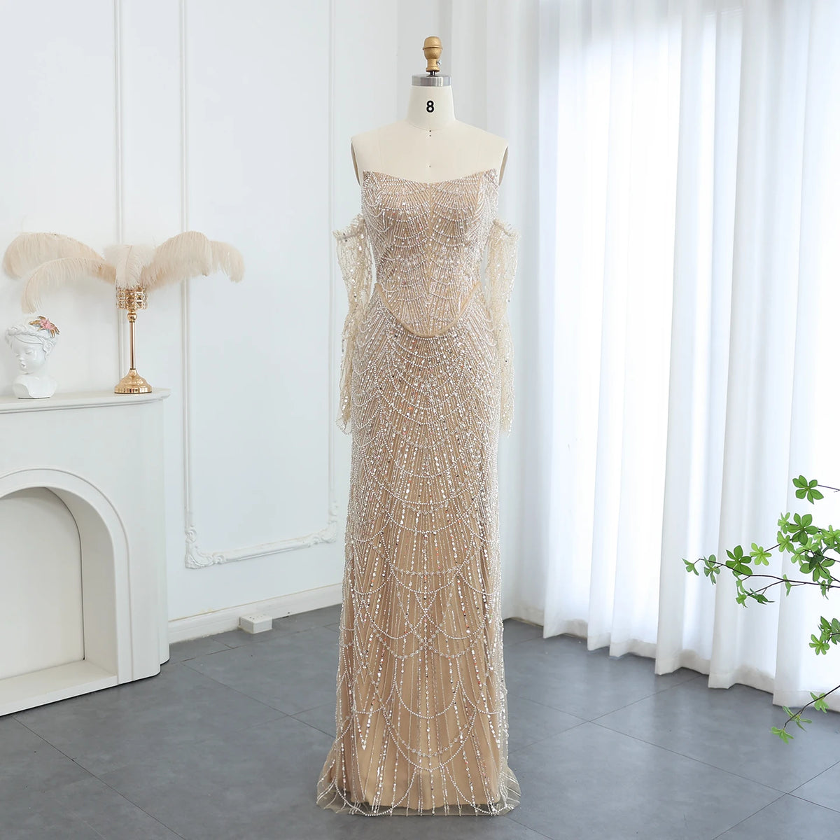 Luxury Beaded Black Strapless Evening Dress with Sleeves SS685