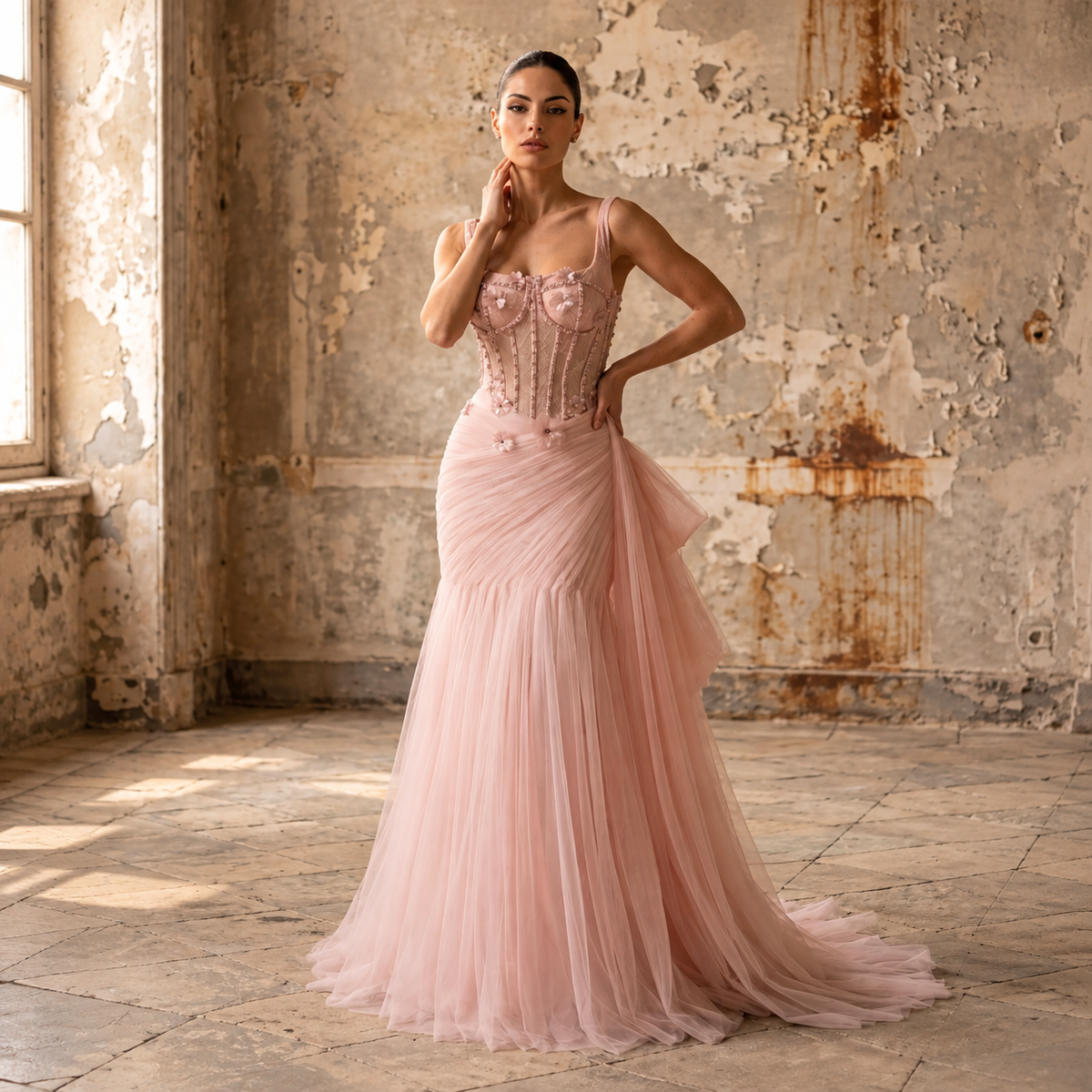 Pink Floral Corset Tulle Evening Dress SS671