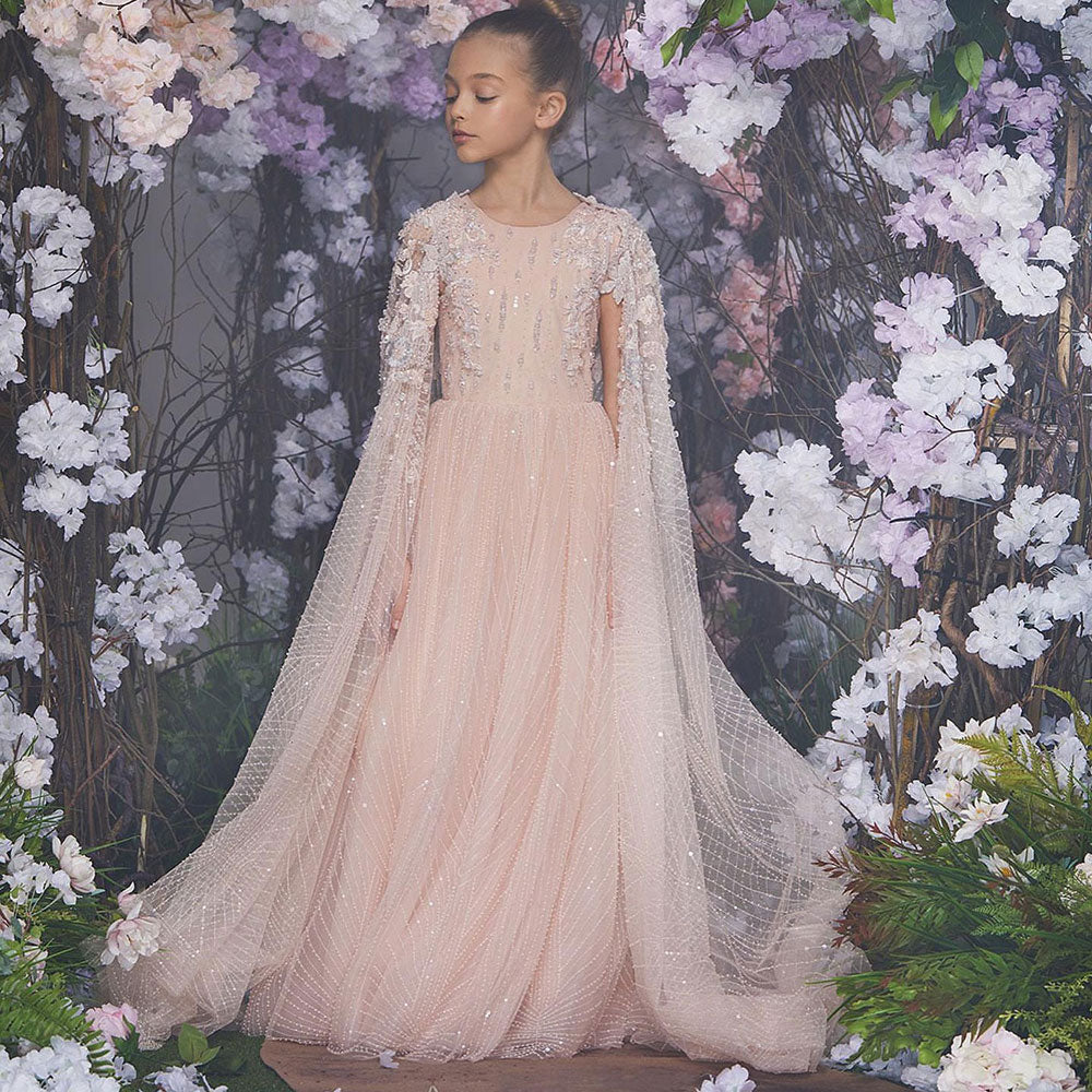 Luxury Pearl Arabic Girl Dress Applique Beaded with Cape Princess J071