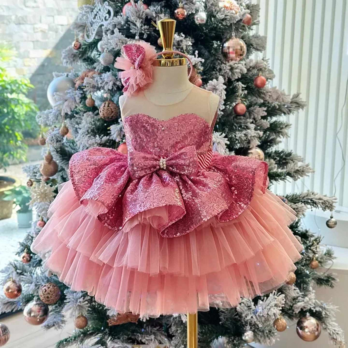 Pink sequined bow tiered tulle flower girl dress D001 — view