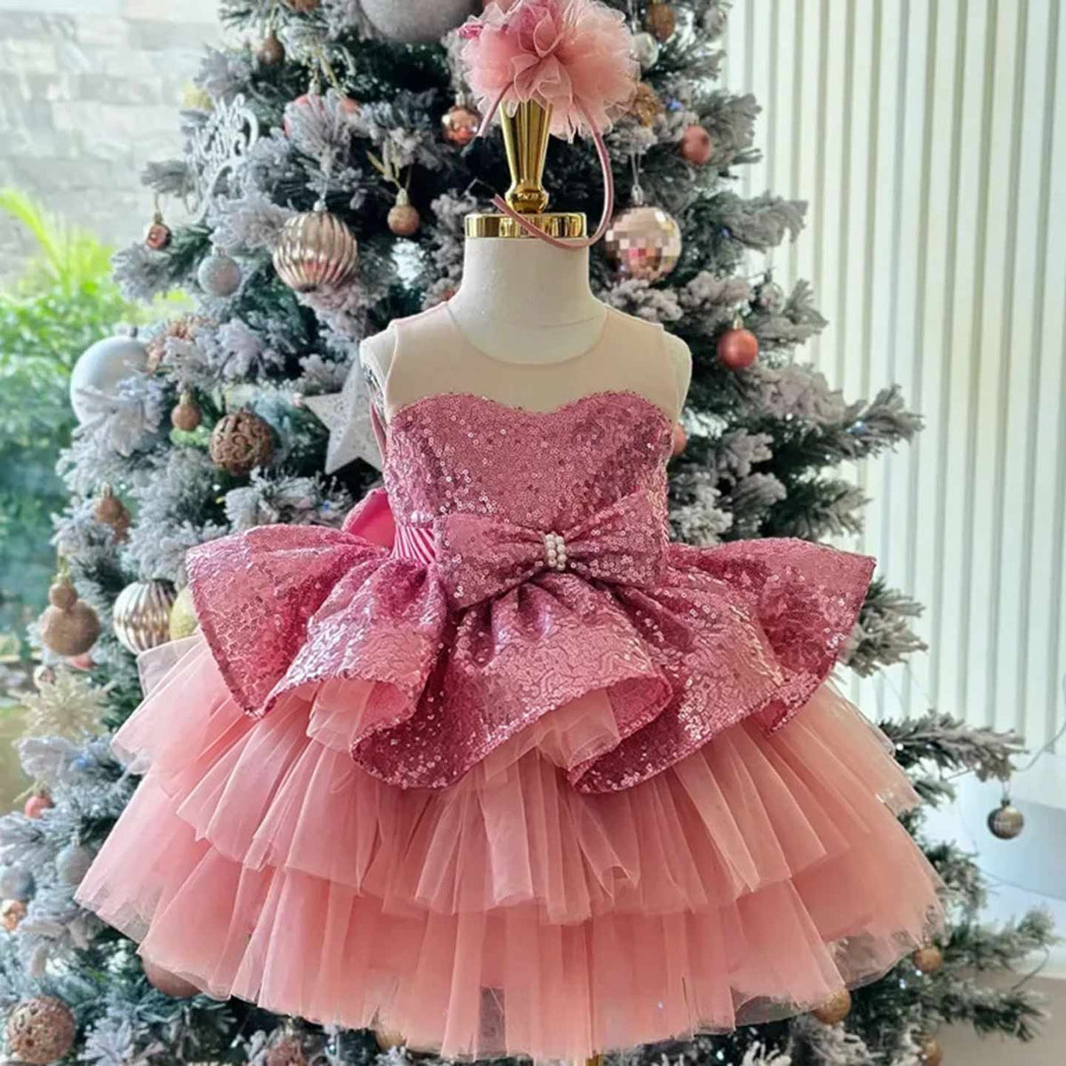 Pink sequined bow tiered tulle flower girl dress D001 — view