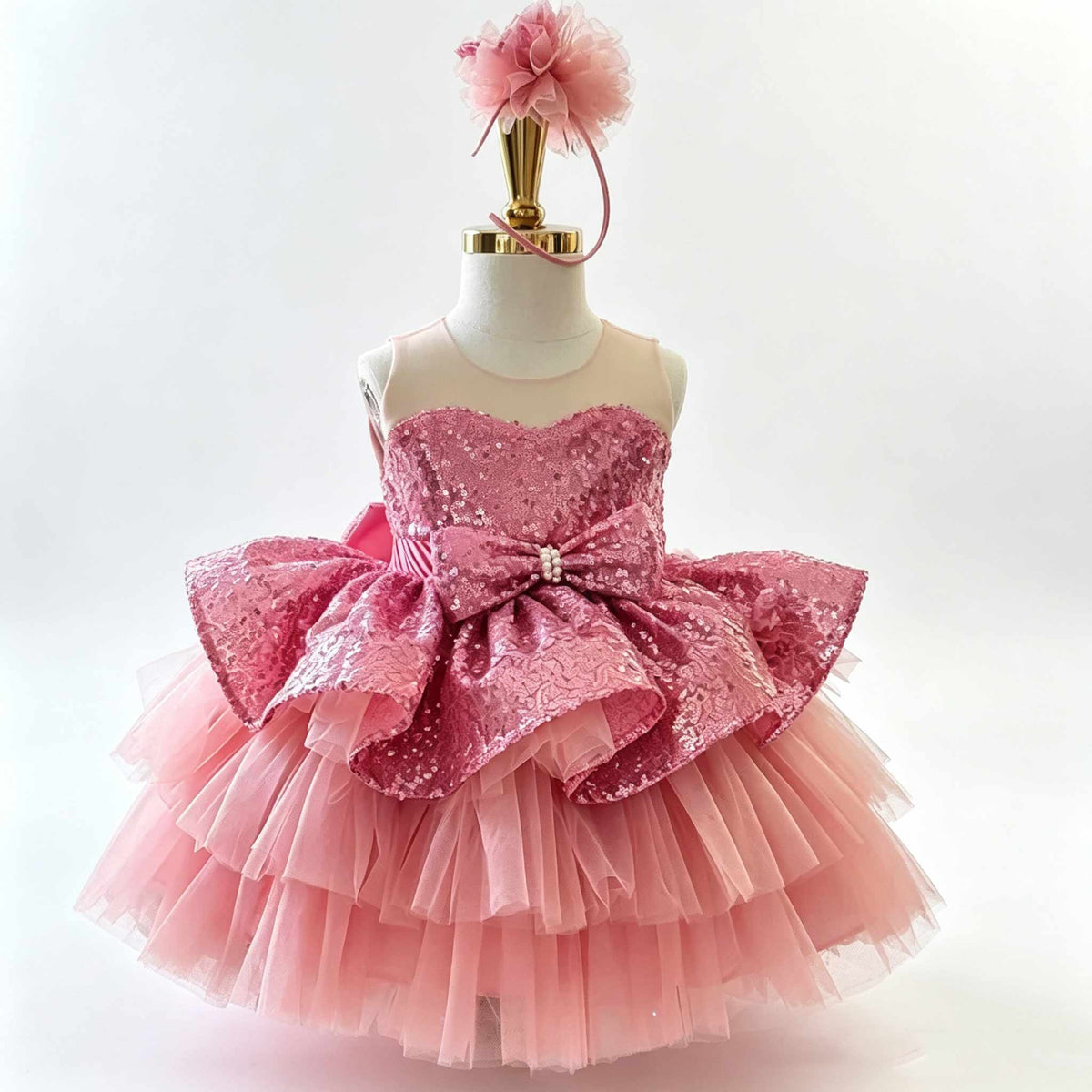 Pink sequined bow tiered tulle flower girl dress D001 — white background view