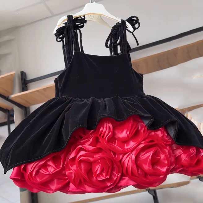 Black and red rose skirt flower girl dress D003 — view