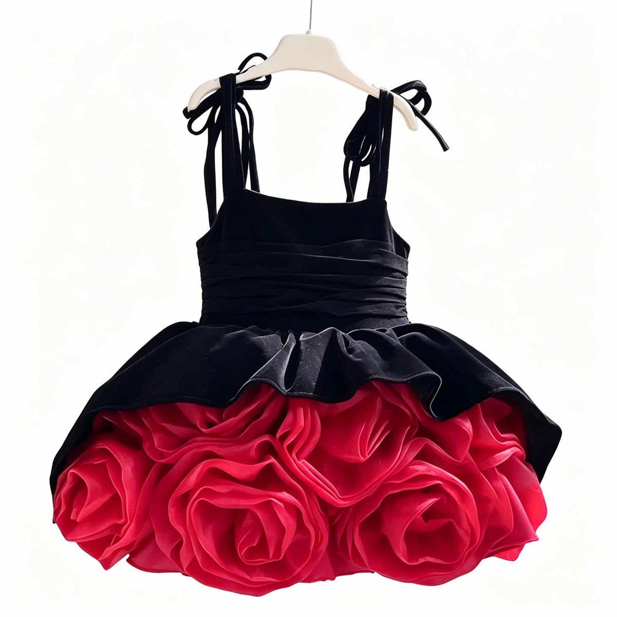 Black and red rose skirt flower girl dress D003 — white background view