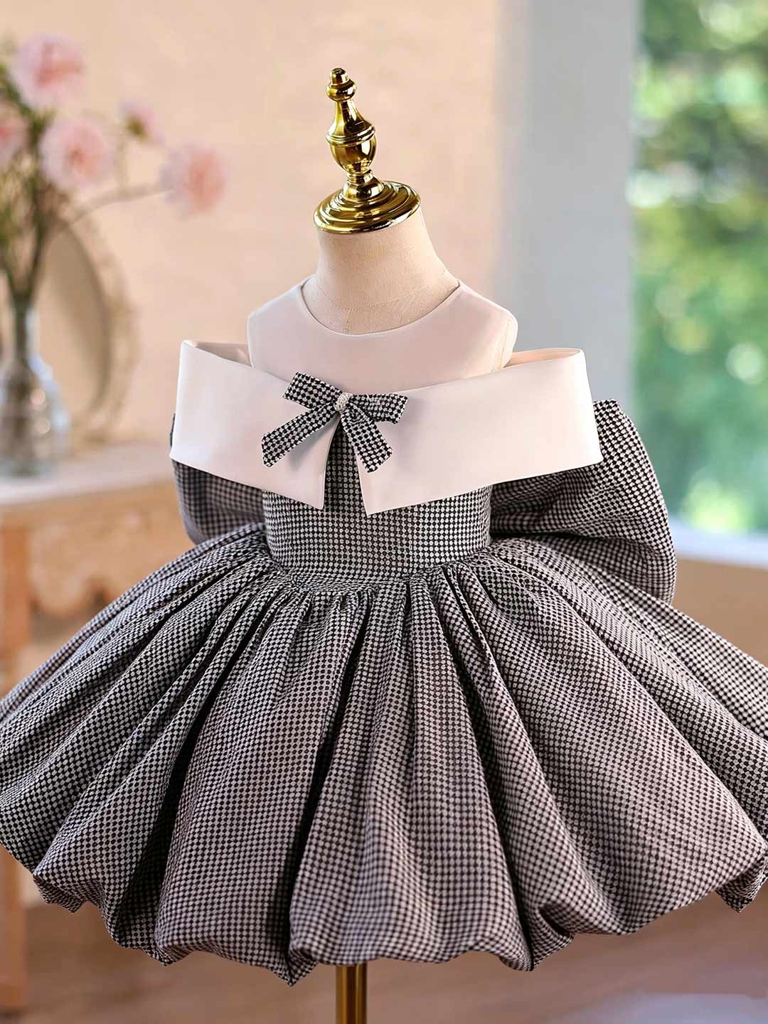 Gray houndstooth puff sleeve flower girl party dress D004 2