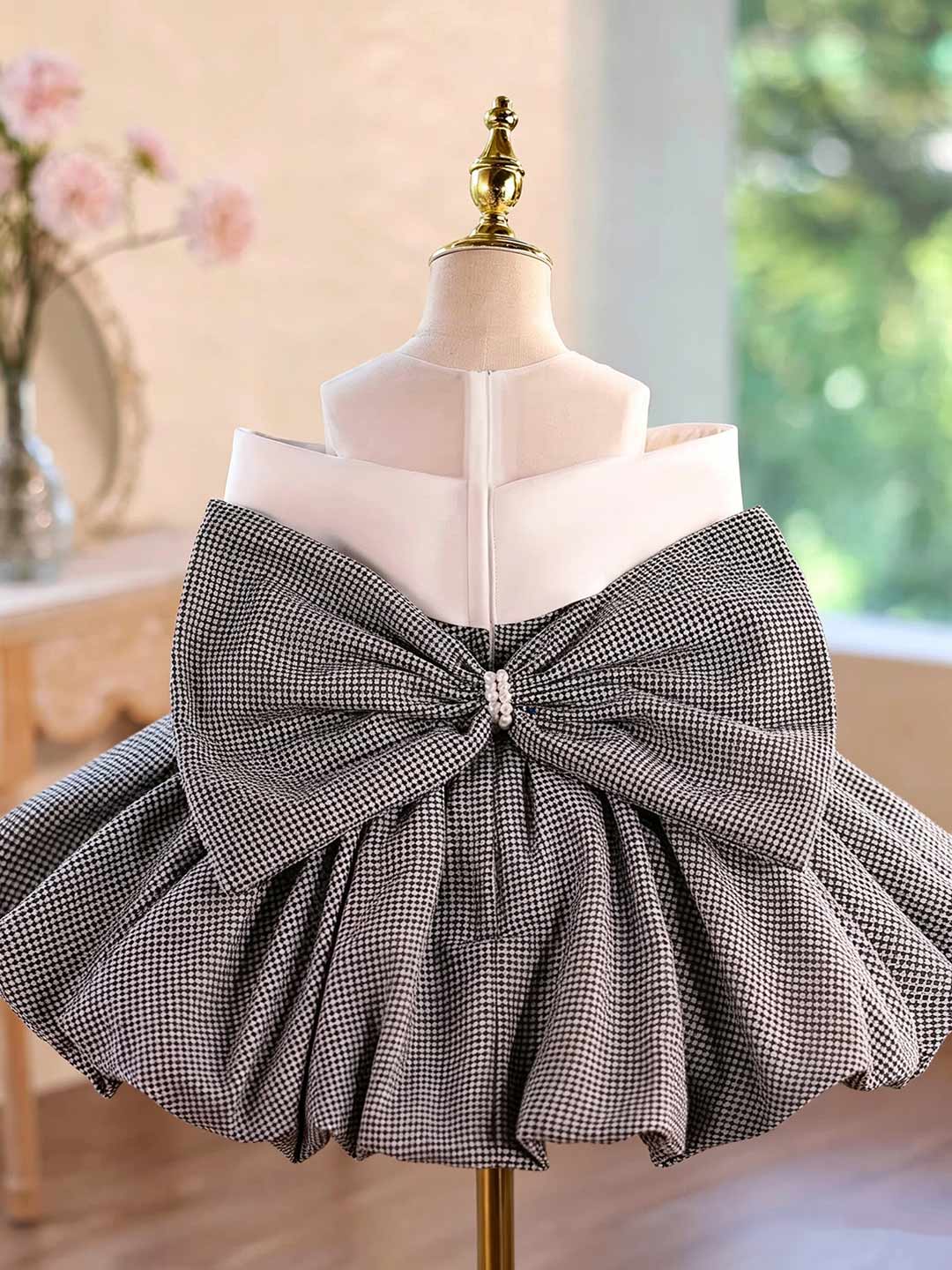 Gray houndstooth puff sleeve flower girl party dress D004 4