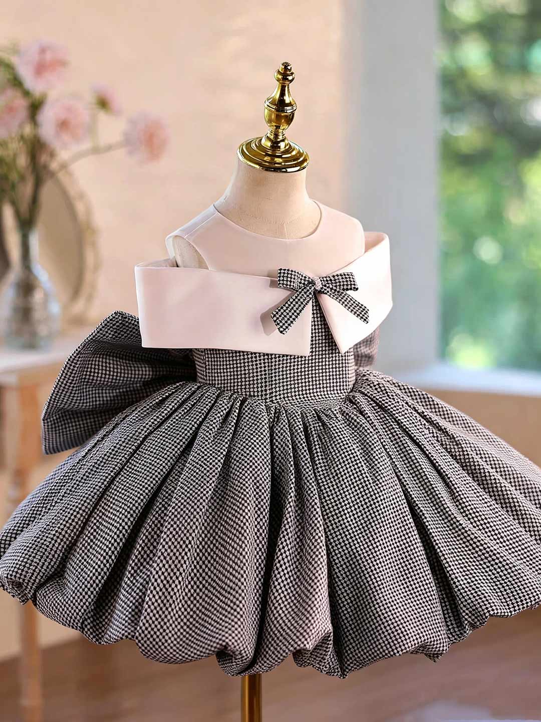 Gray houndstooth puff sleeve flower girl party dress D004 5