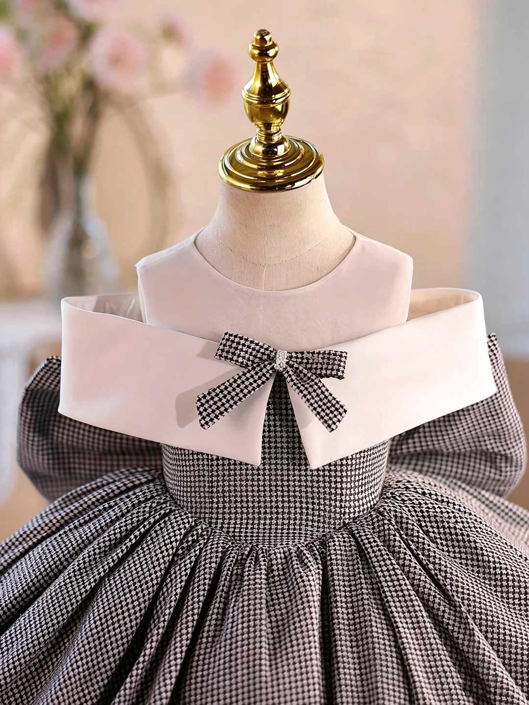 Gray houndstooth puff sleeve flower girl party dress D004 6