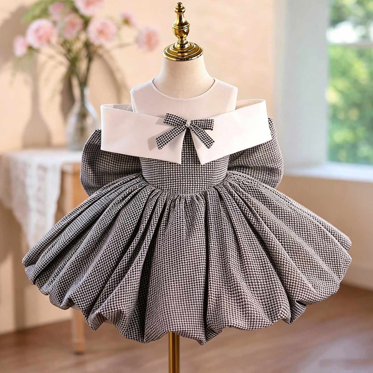 Gray houndstooth puff sleeve flower girl party dress D004 1