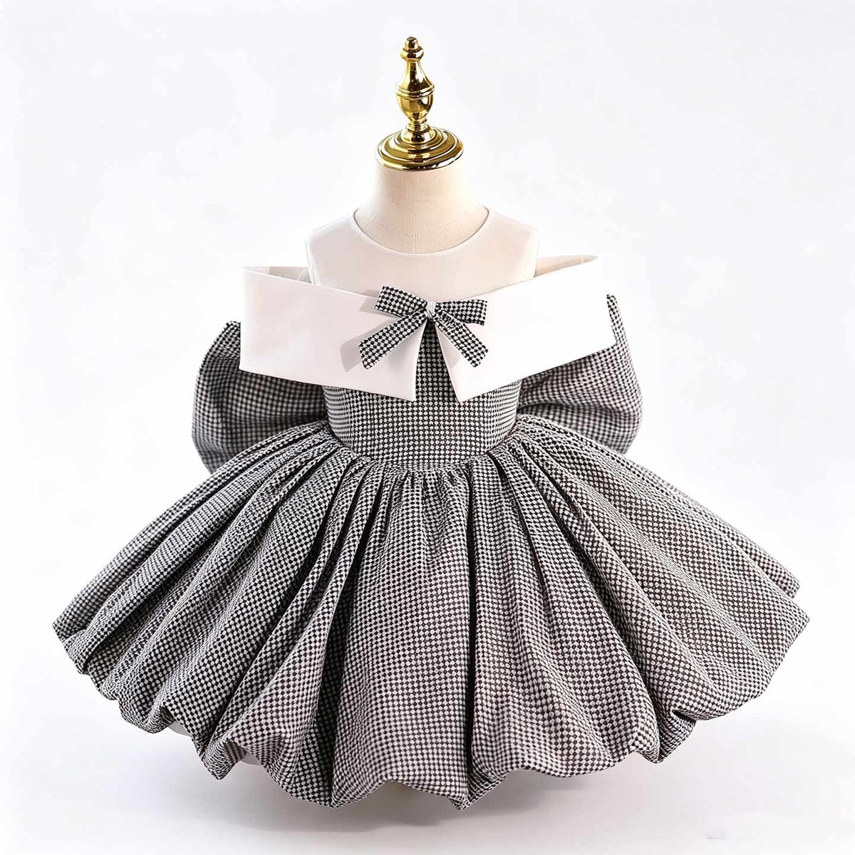 Gray houndstooth puff sleeve flower girl party dress D004 7