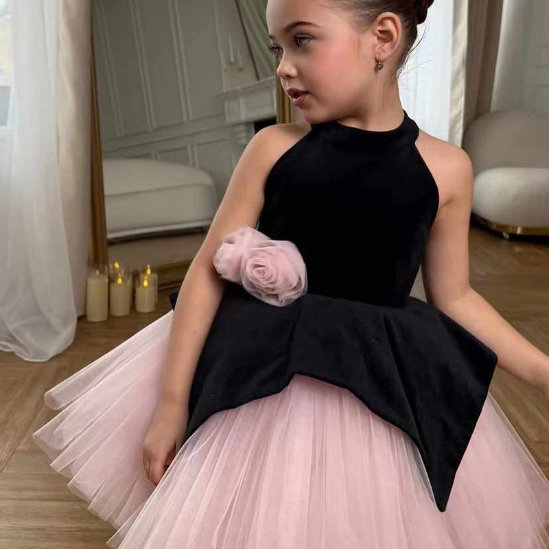 D005 black and pink tulle flower girl dress with rosette
