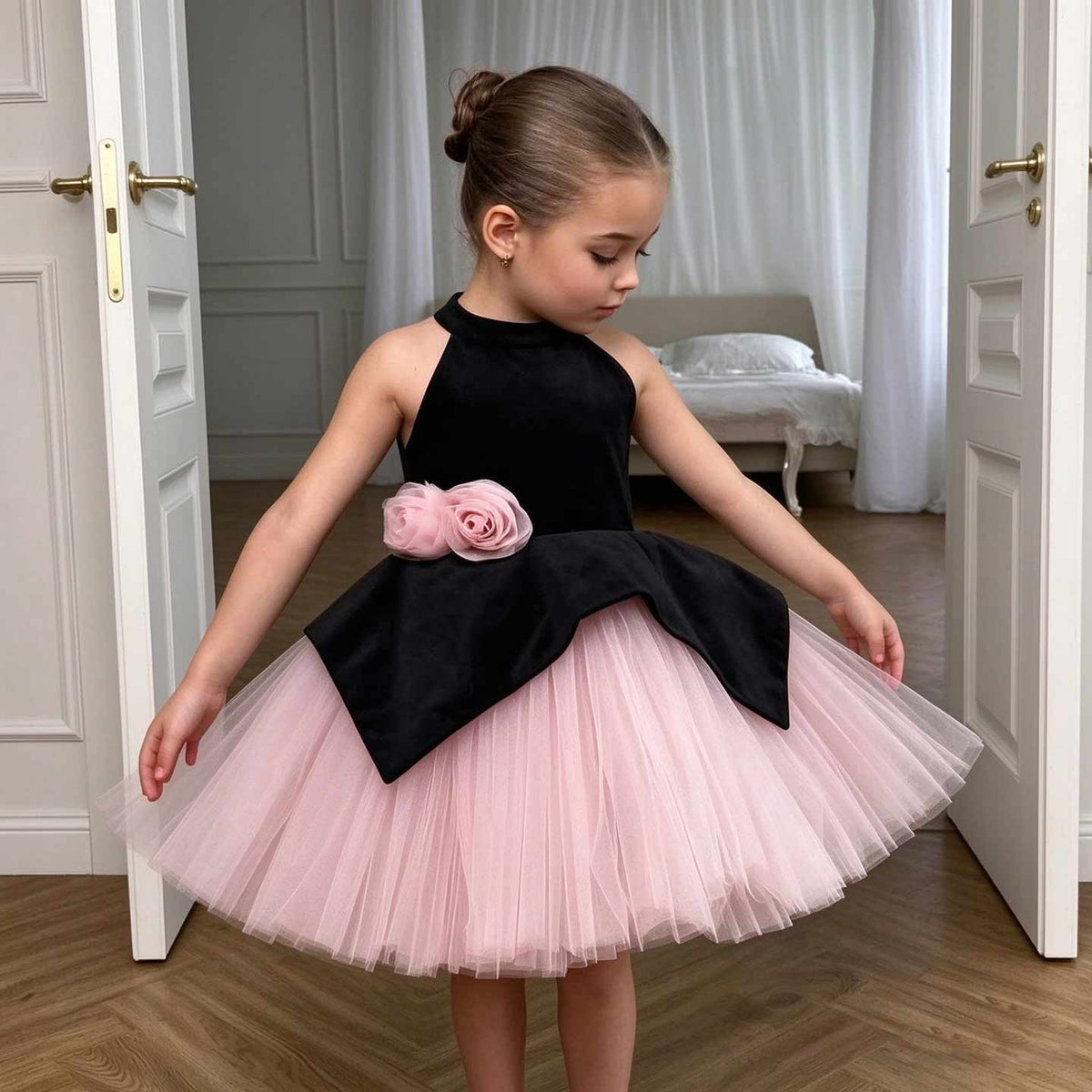 D005 black and pink tulle flower girl dress with rosette