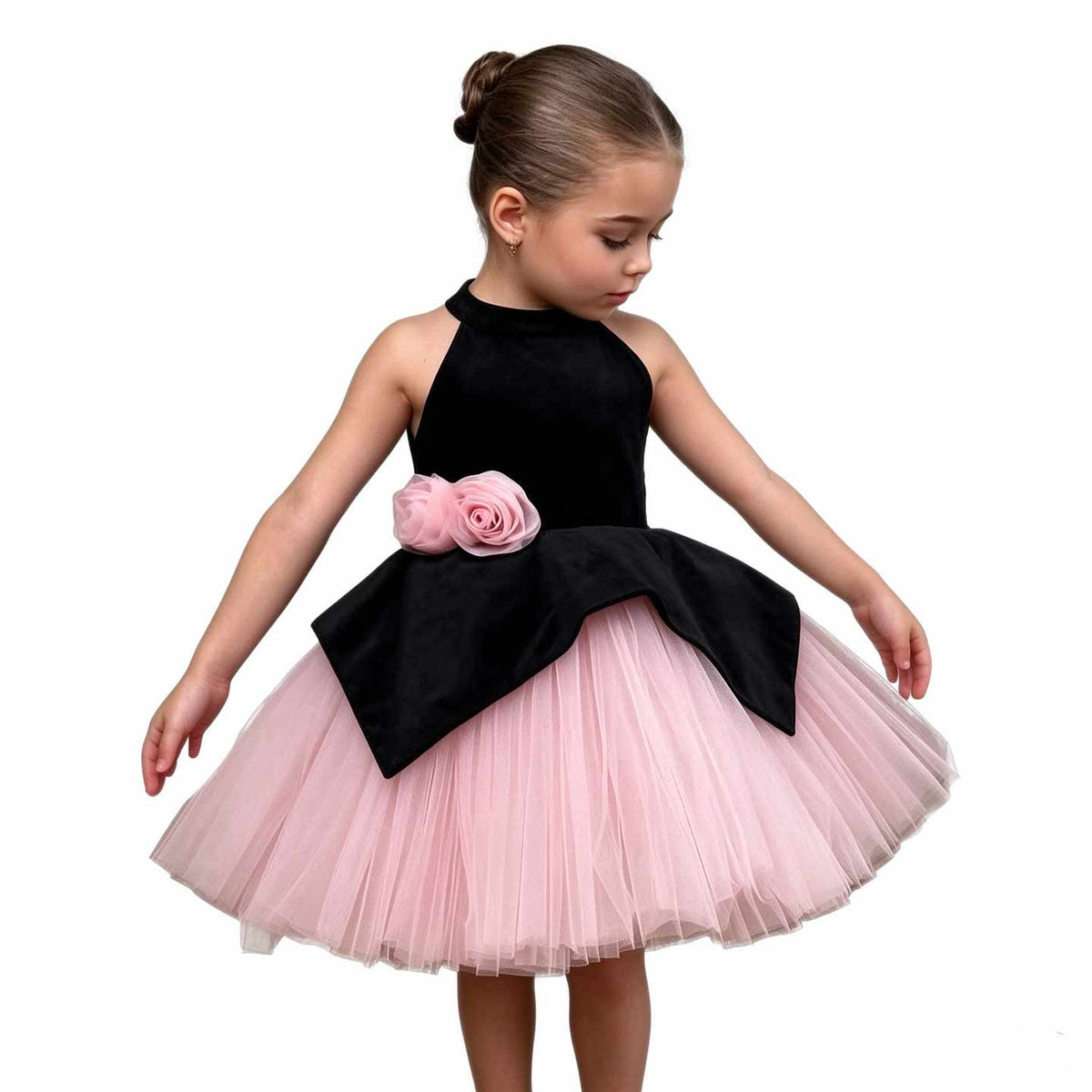 D005 black and pink tulle flower girl dress with rosette