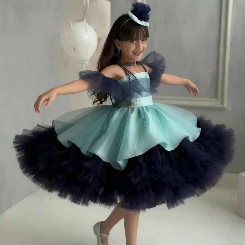 D008 blue layered tulle flower girl dress