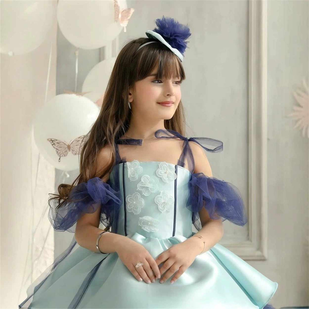 D008 blue layered tulle flower girl dress