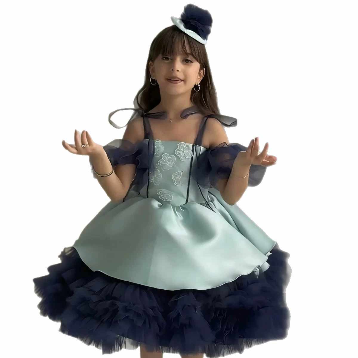 D008 blue layered tulle flower girl dress