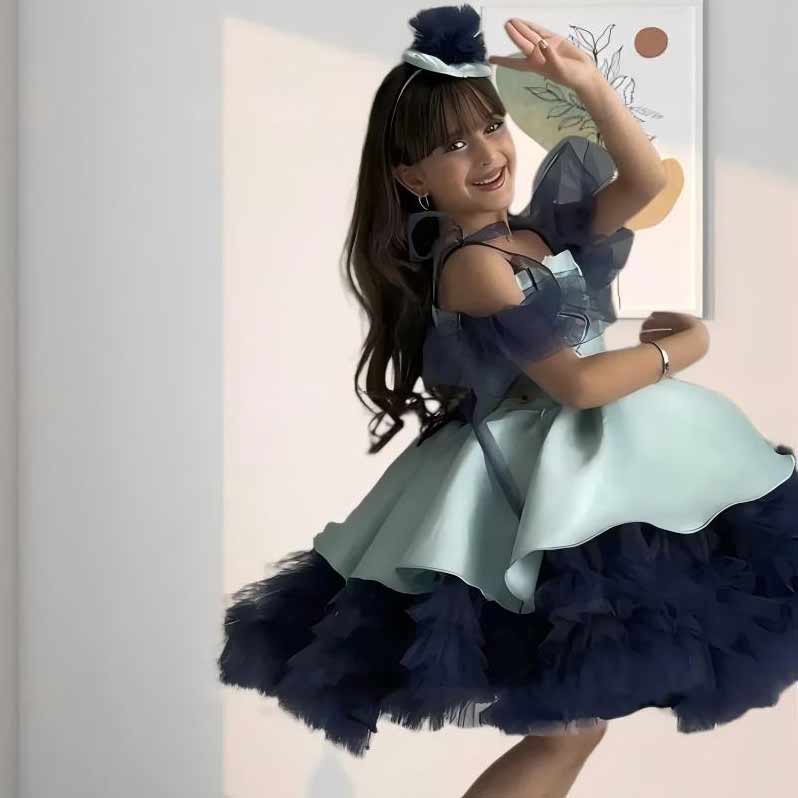 D008 blue layered tulle flower girl dress