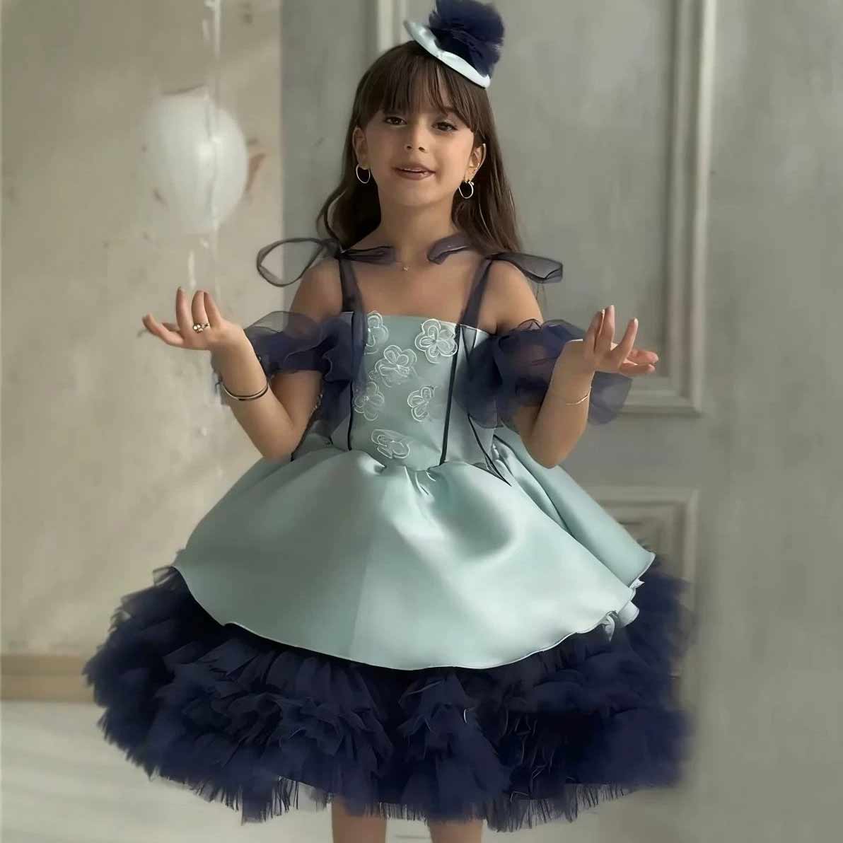 D008 blue layered tulle flower girl dress