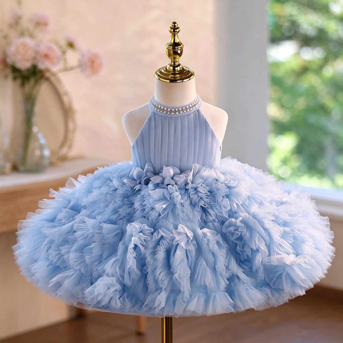 D010 ruffled tulle flower girl dress