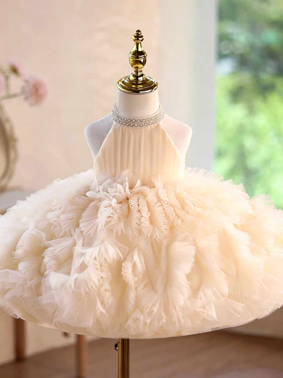D010 ruffled tulle flower girl dress