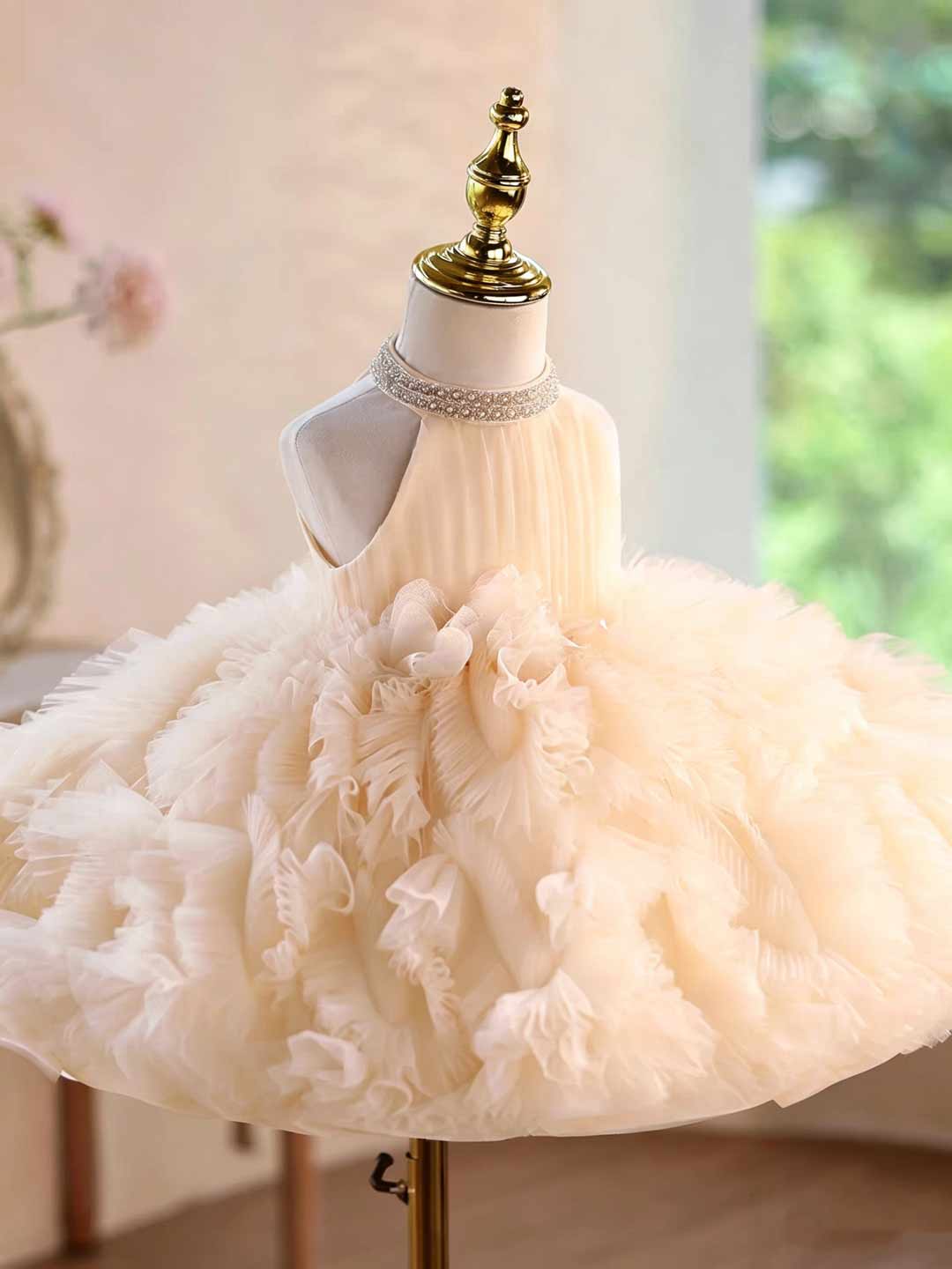 D010 ruffled tulle flower girl dress