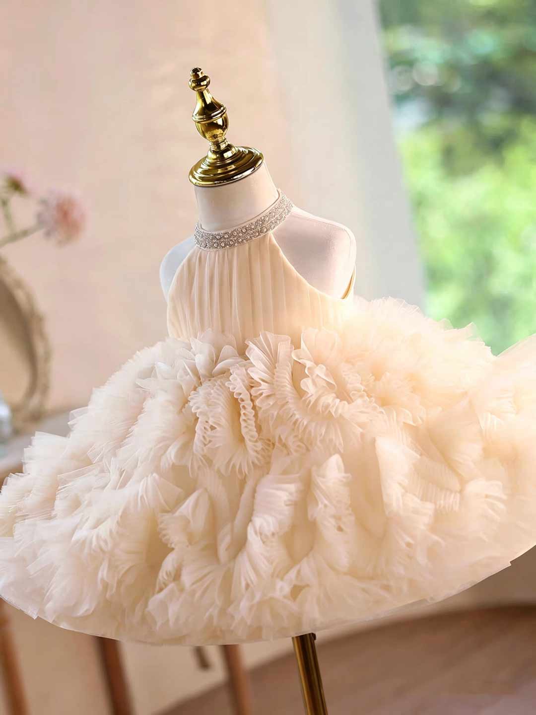 D010 ruffled tulle flower girl dress