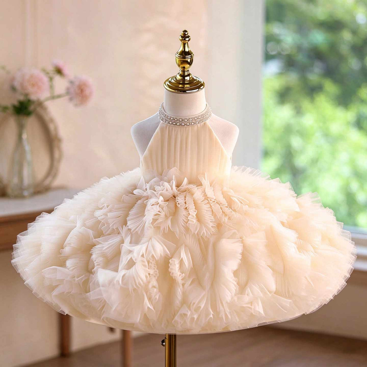 D010 ruffled tulle flower girl dress