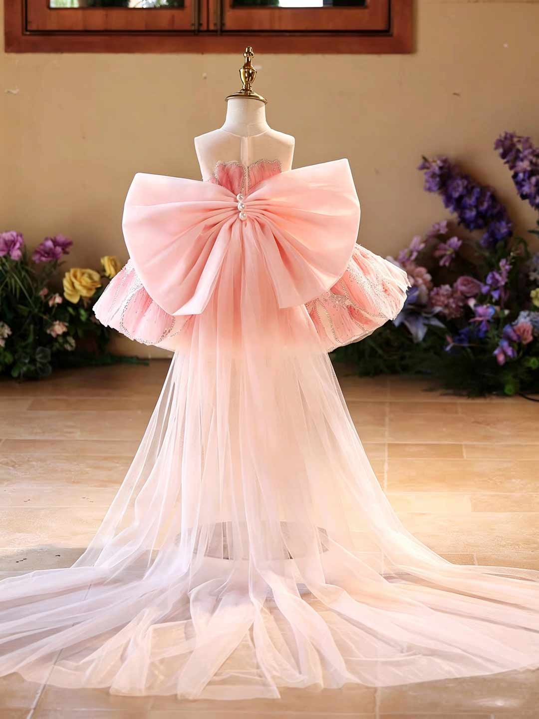D022 pink floral tulle flower girl dress with bow