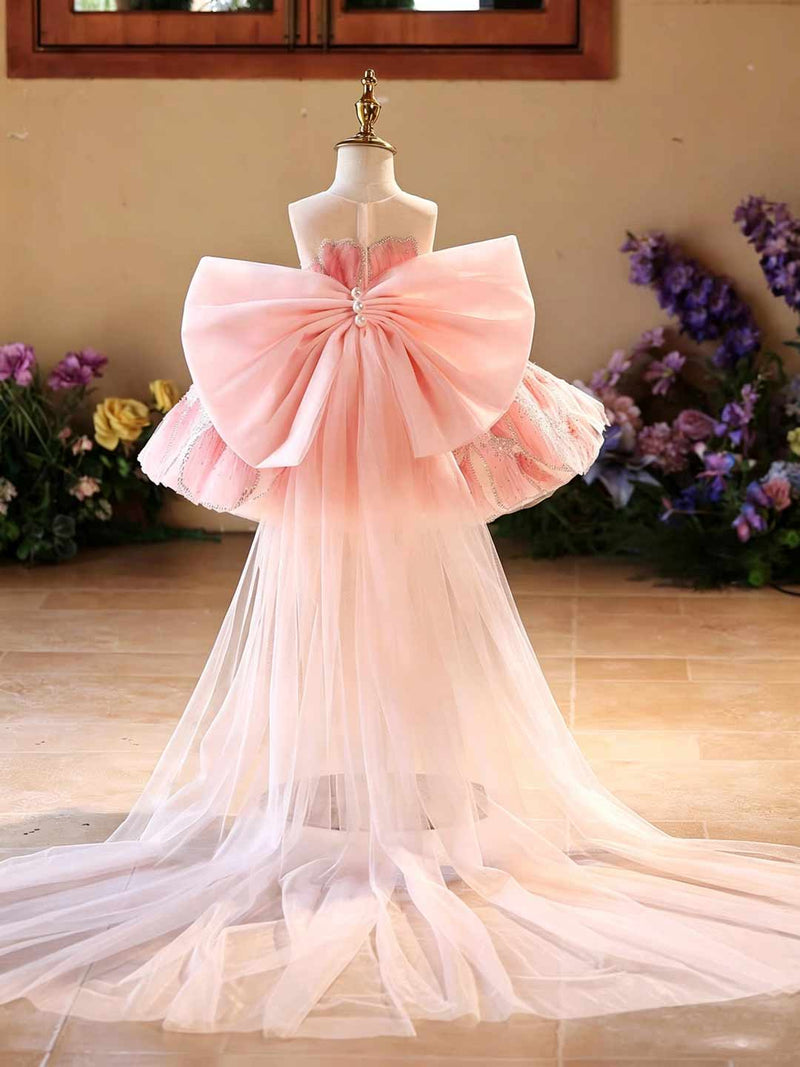 D022 pink floral tulle flower girl dress with bow