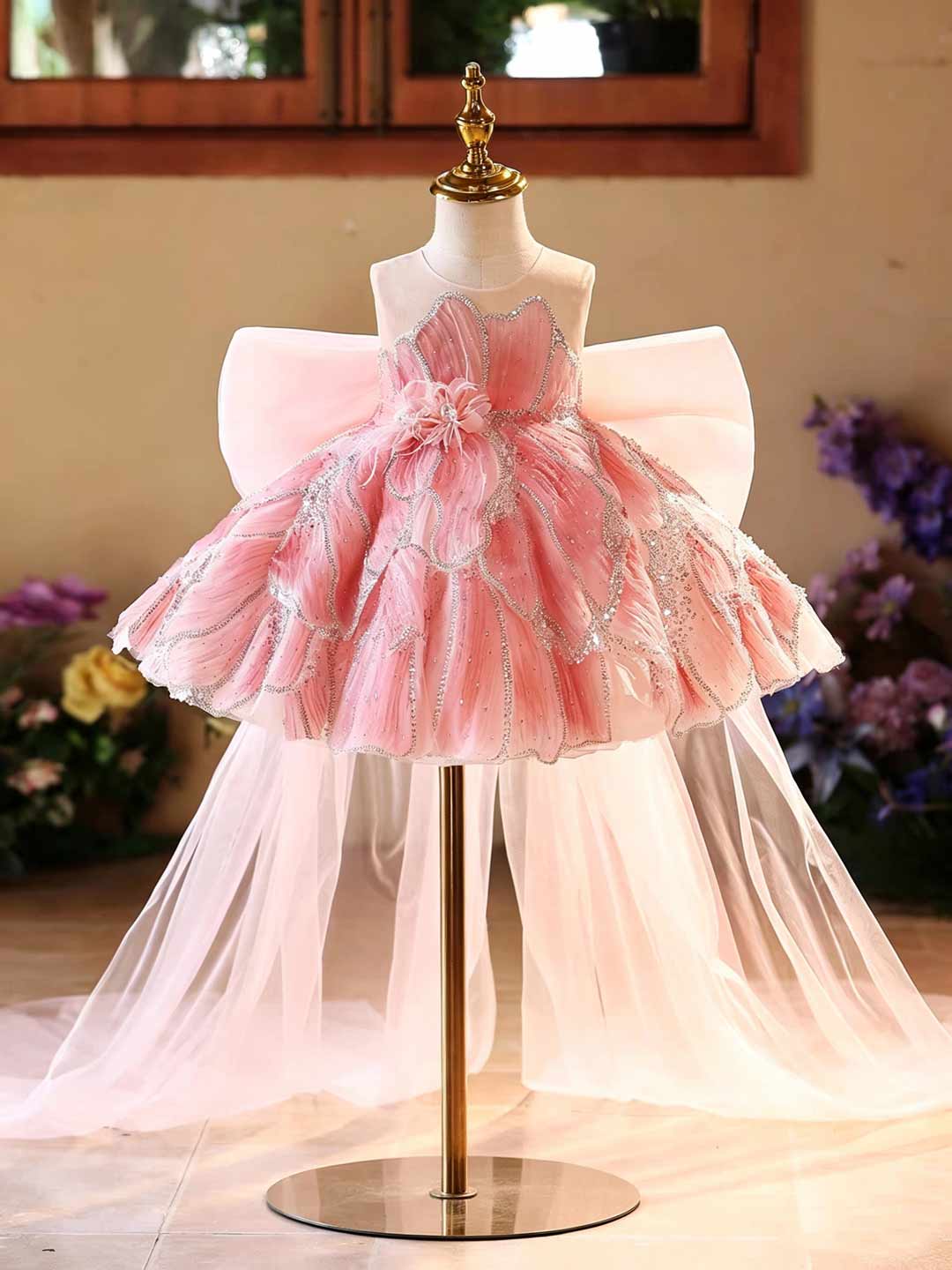 D022 pink floral tulle flower girl dress with bow