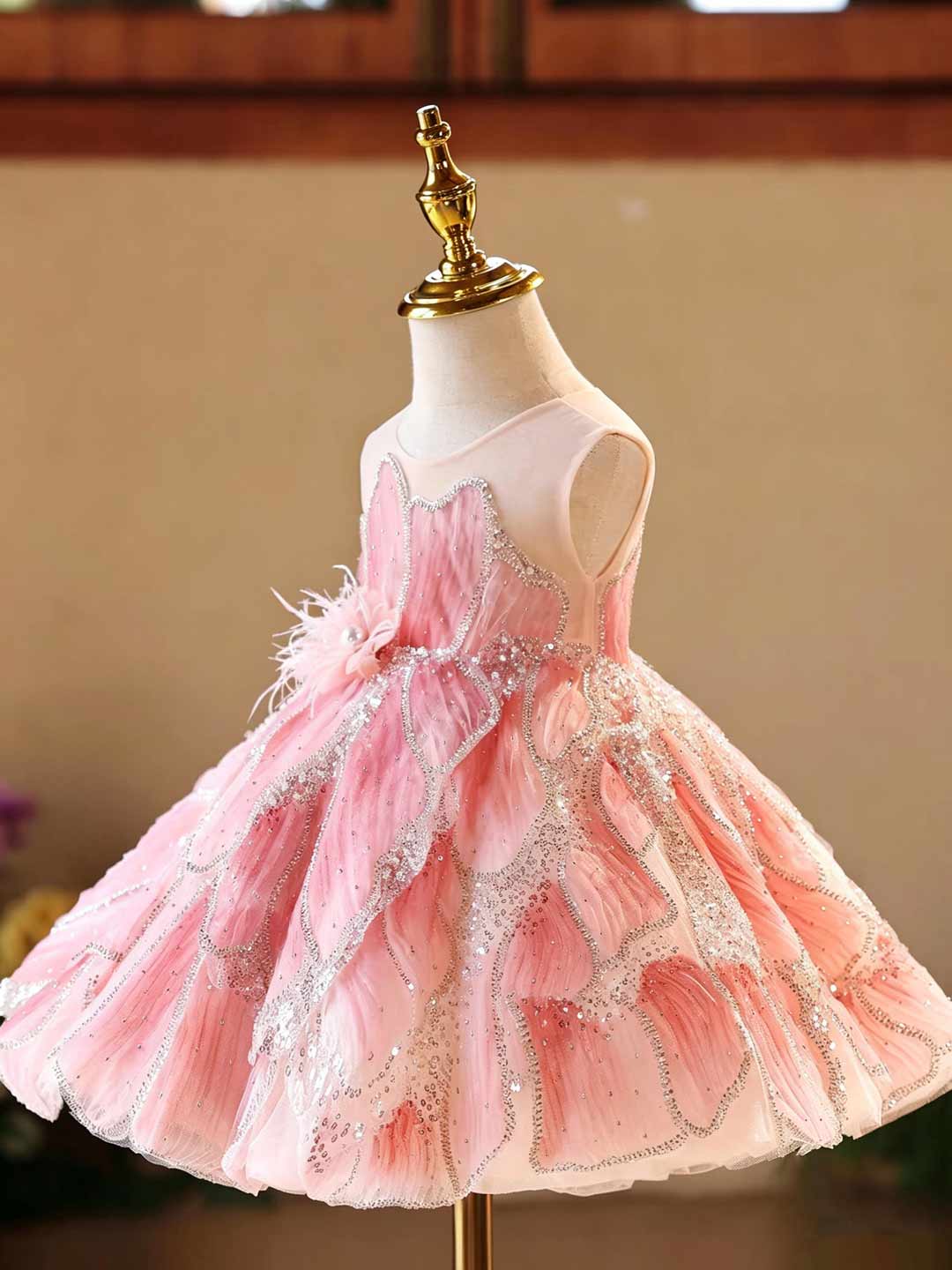 D022 pink floral tulle flower girl dress with bow