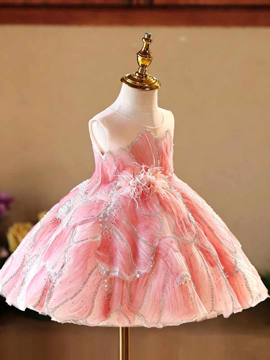 D022 pink floral tulle flower girl dress with bow