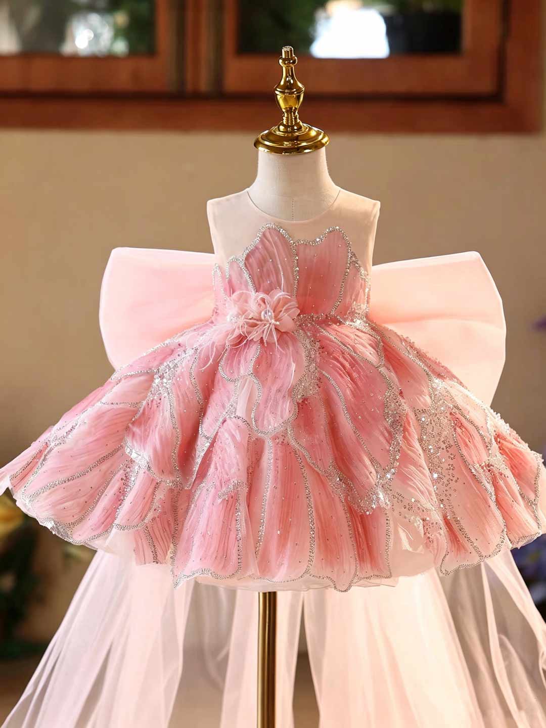 D022 pink floral tulle flower girl dress with bow