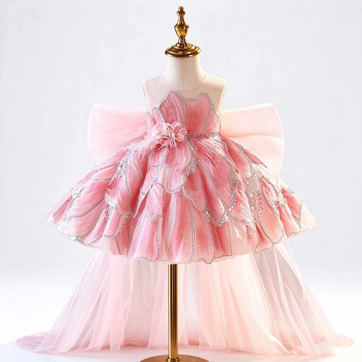 D022 pink floral tulle flower girl dress with bow