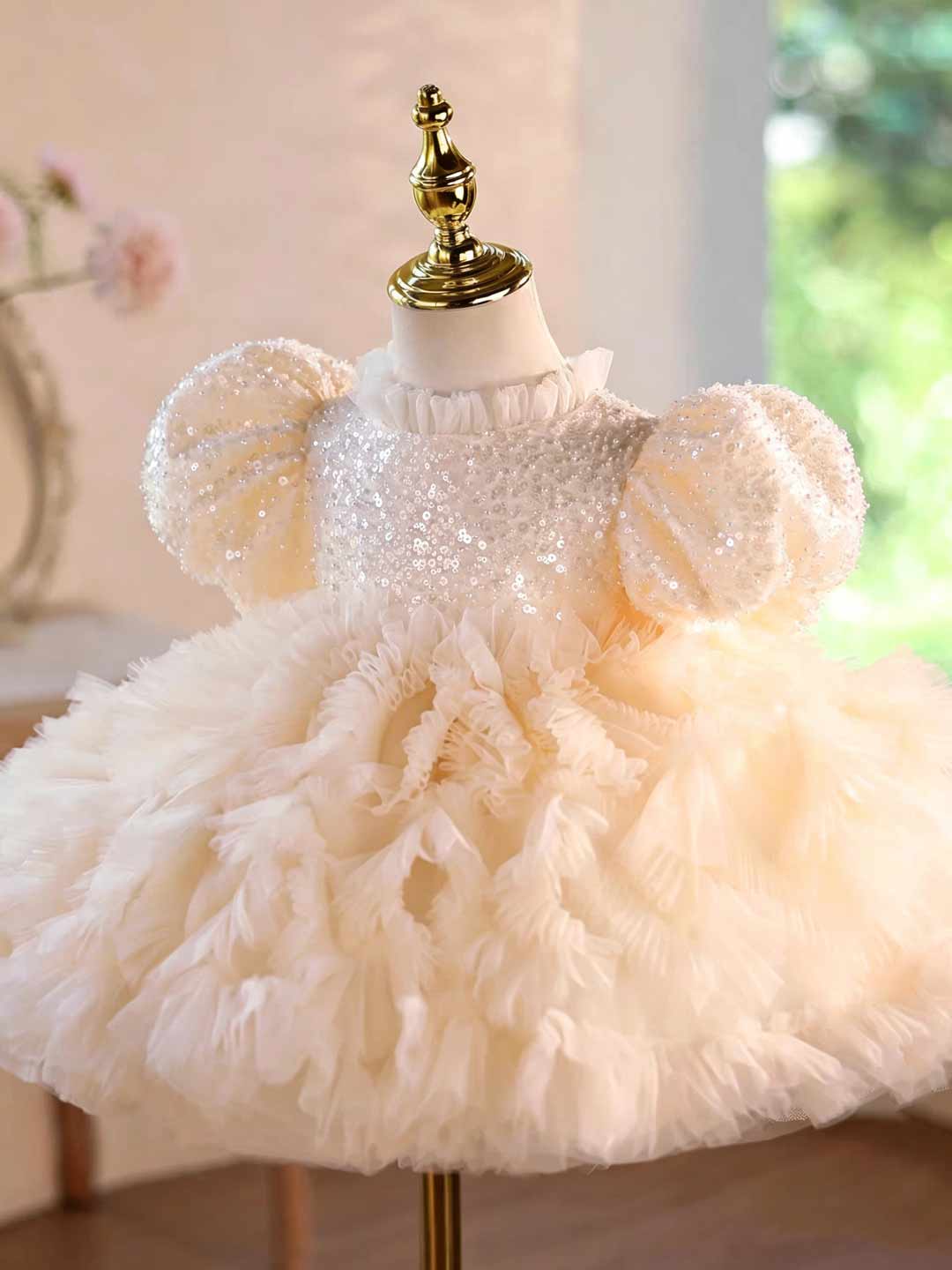 D129 champagne sequin ruffled tulle flower girl dress