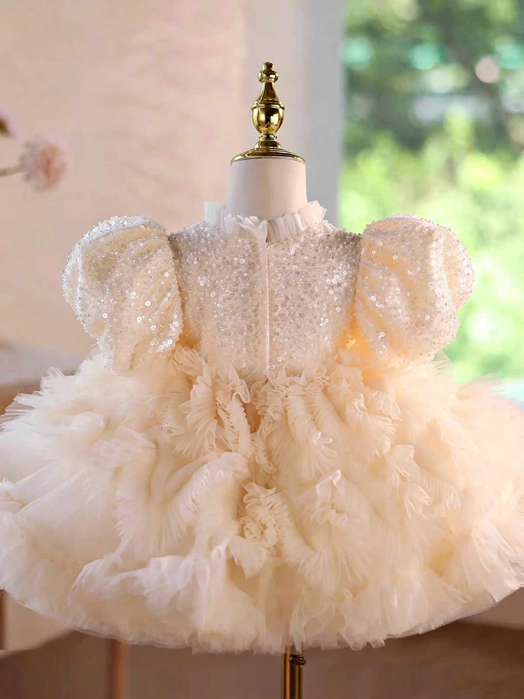 D129 champagne sequin ruffled tulle flower girl dress