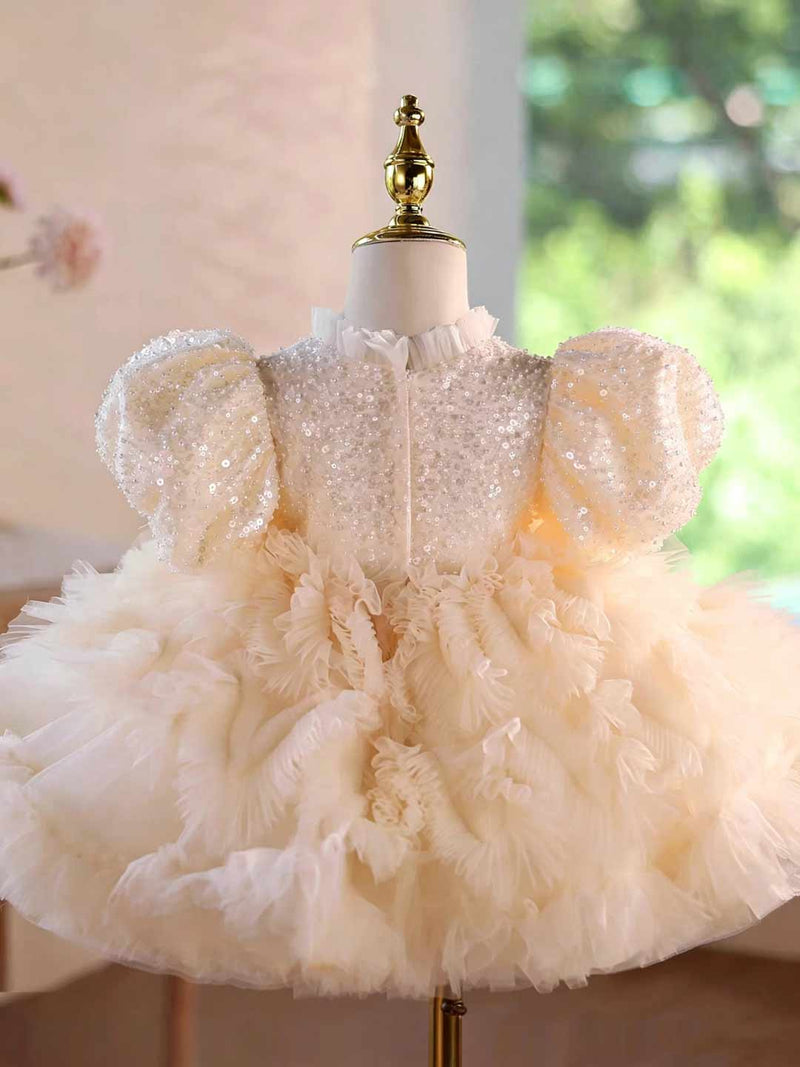 D129 champagne sequin ruffled tulle flower girl dress