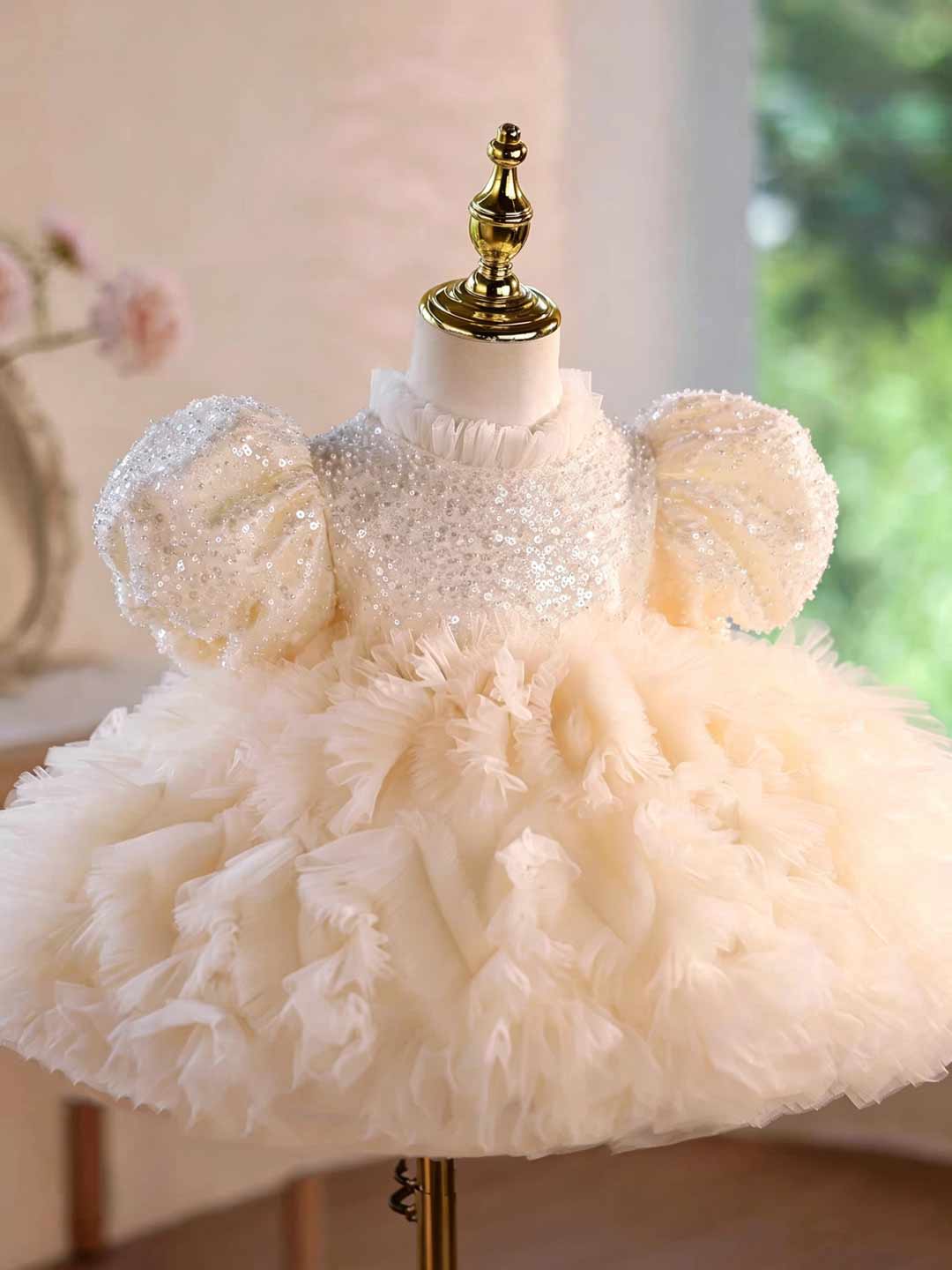 D129 champagne sequin ruffled tulle flower girl dress