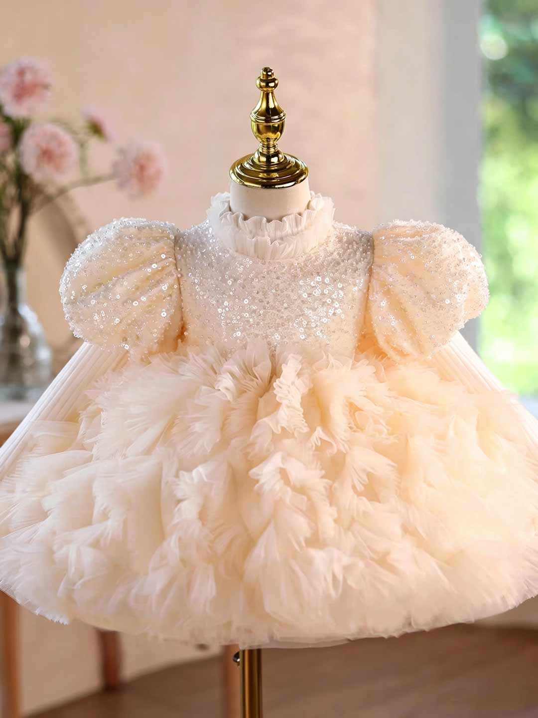 D129 champagne sequin ruffled tulle flower girl dress