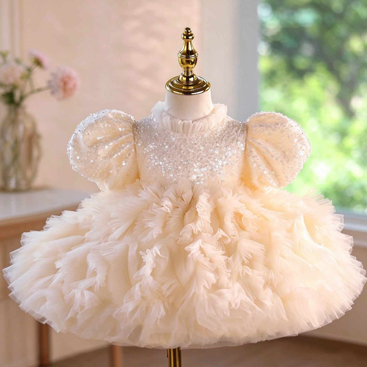 D129 champagne sequin ruffled tulle flower girl dress