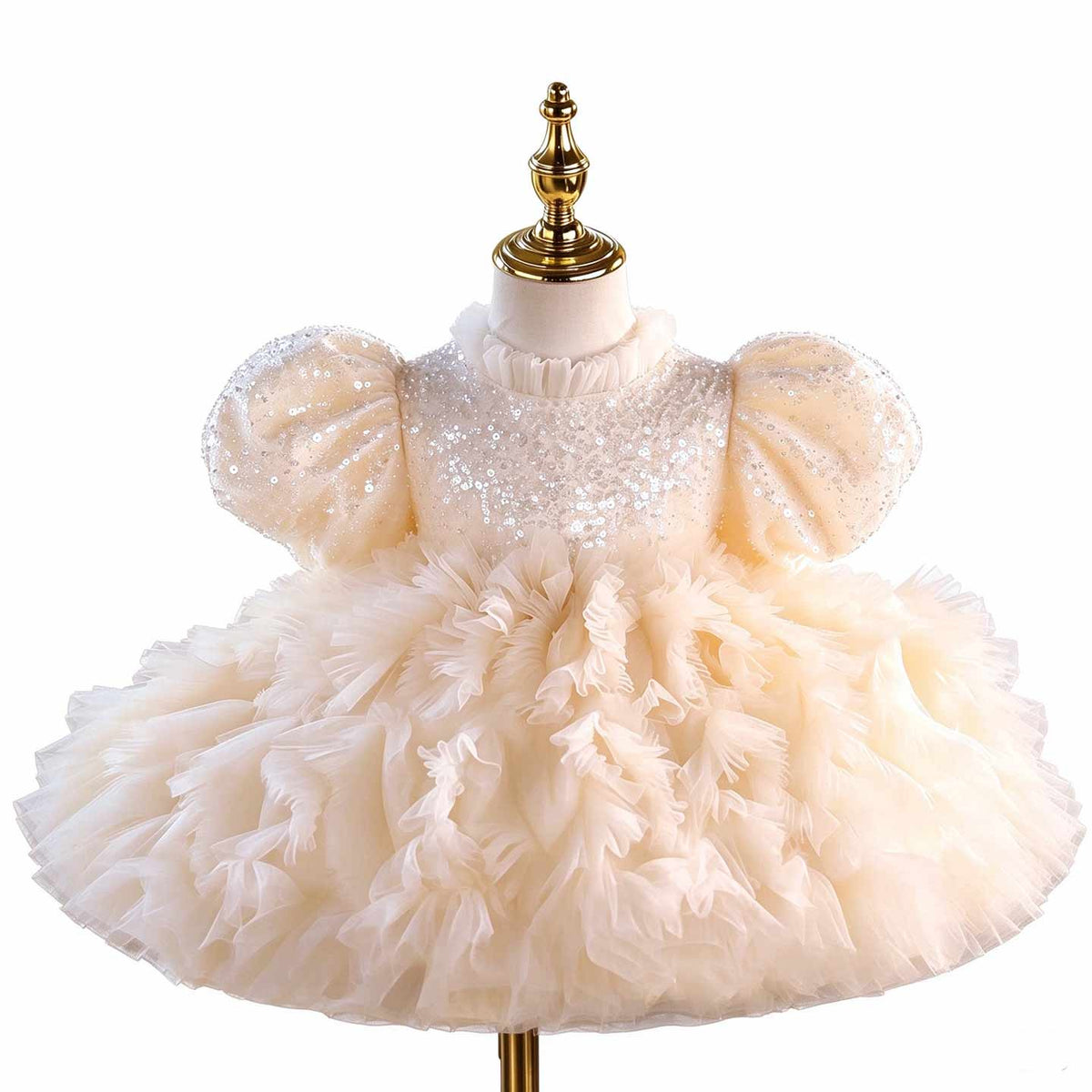 D129 champagne sequin ruffled tulle flower girl dress