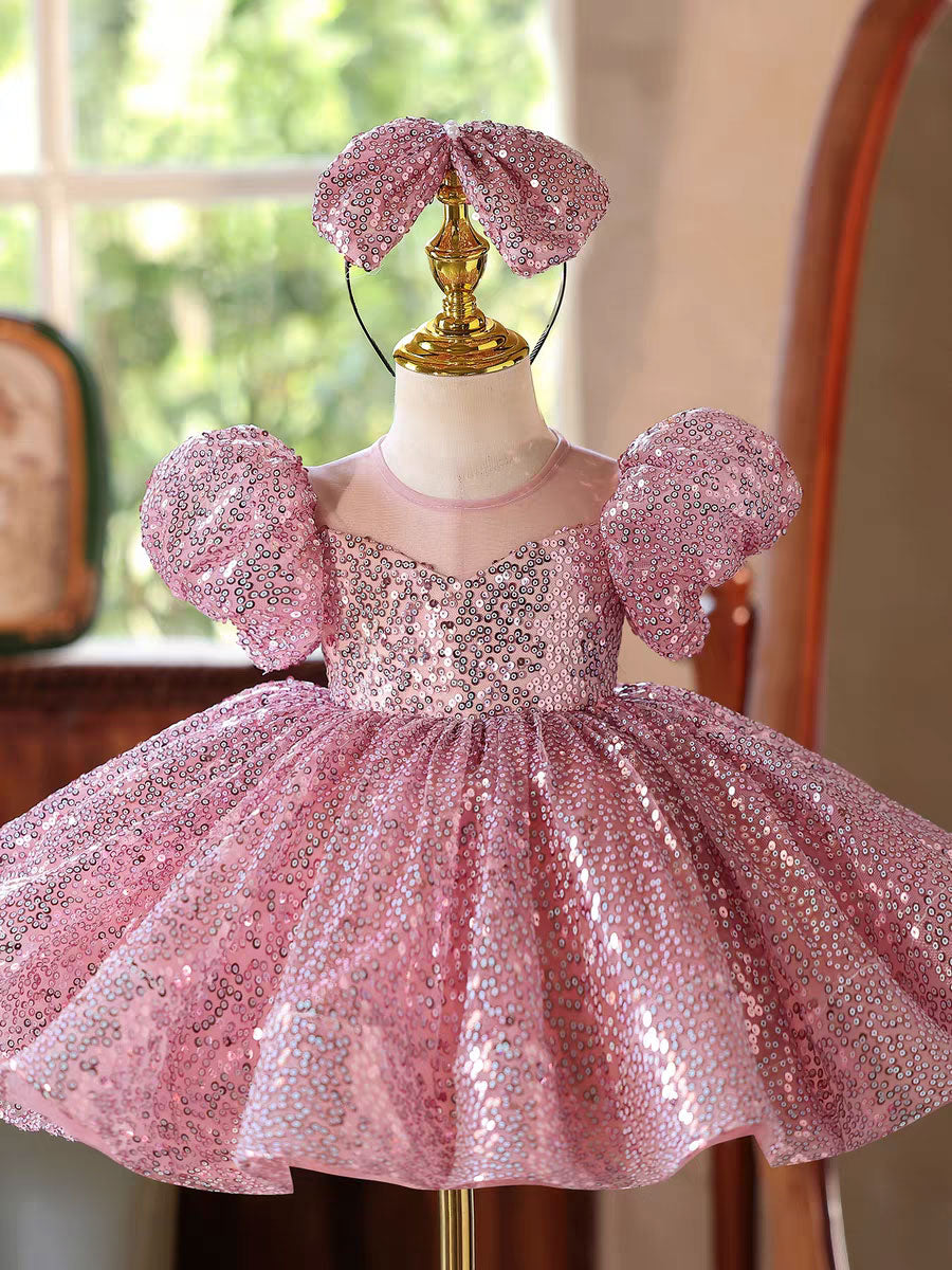 D187 pink sequin puff sleeve flower girl dress