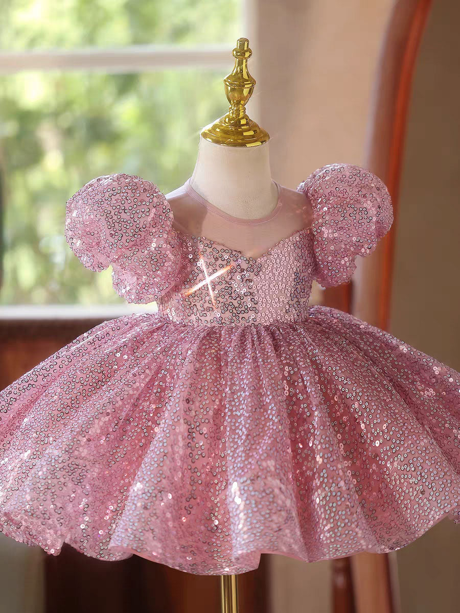 D187 pink sequin puff sleeve flower girl dress