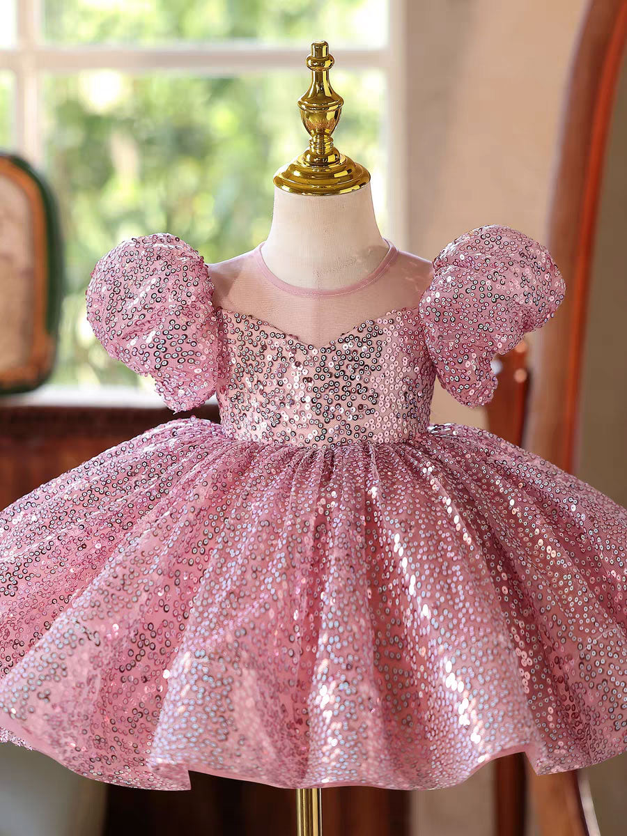 D187 pink sequin puff sleeve flower girl dress