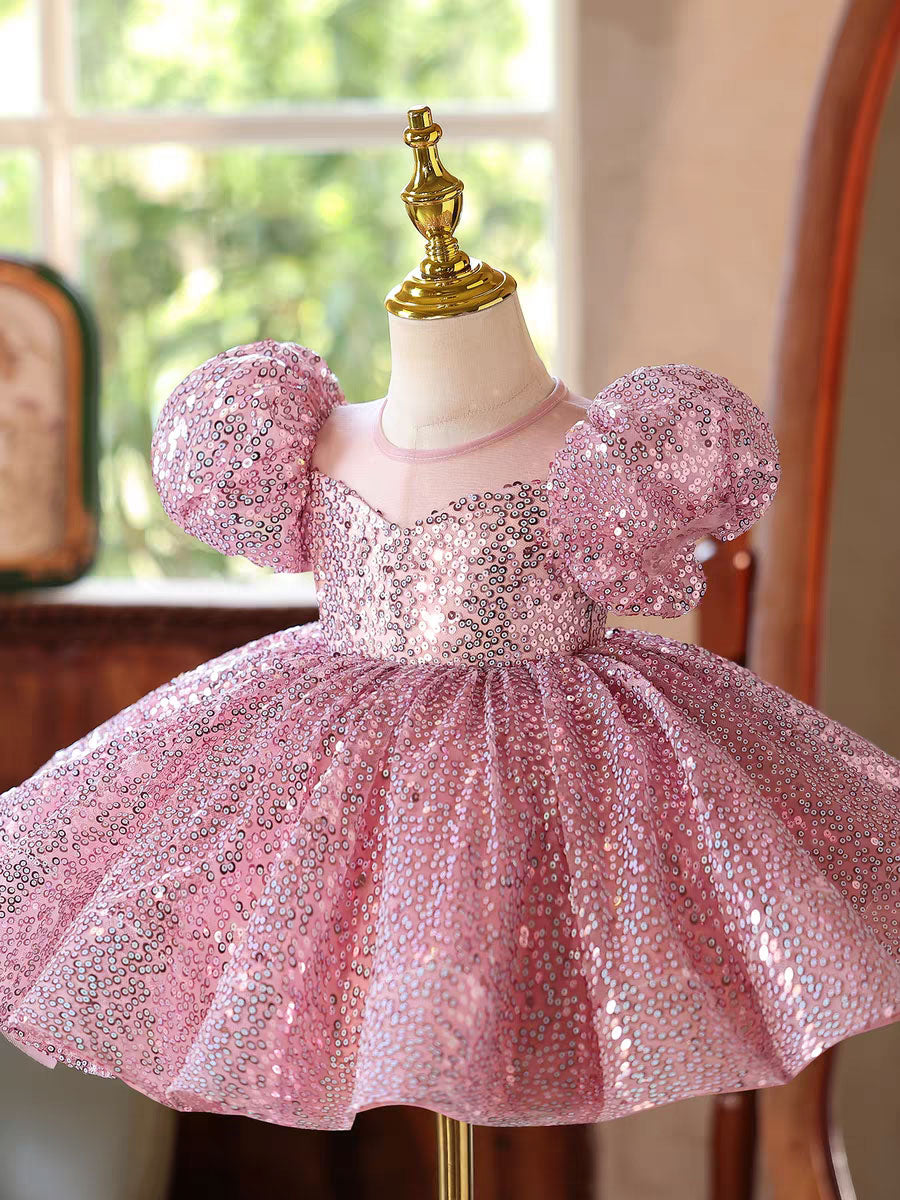 D187 pink sequin puff sleeve flower girl dress