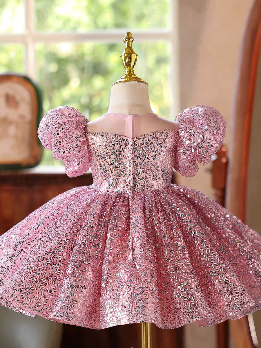 D187 pink sequin puff sleeve flower girl dress
