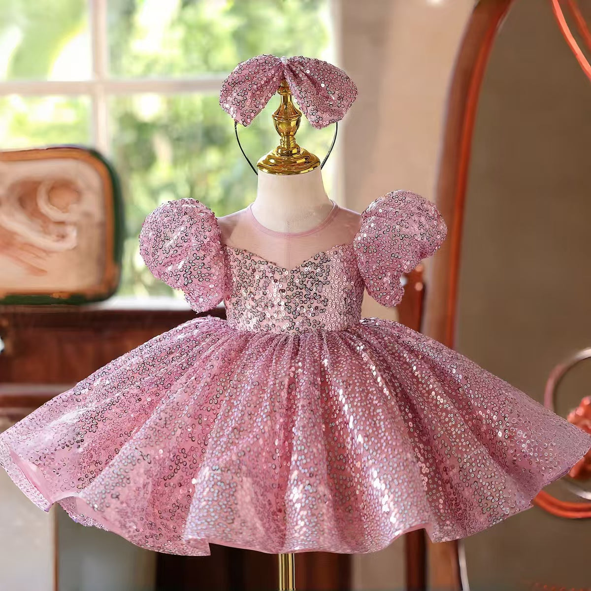 D187 pink sequin puff sleeve flower girl dress