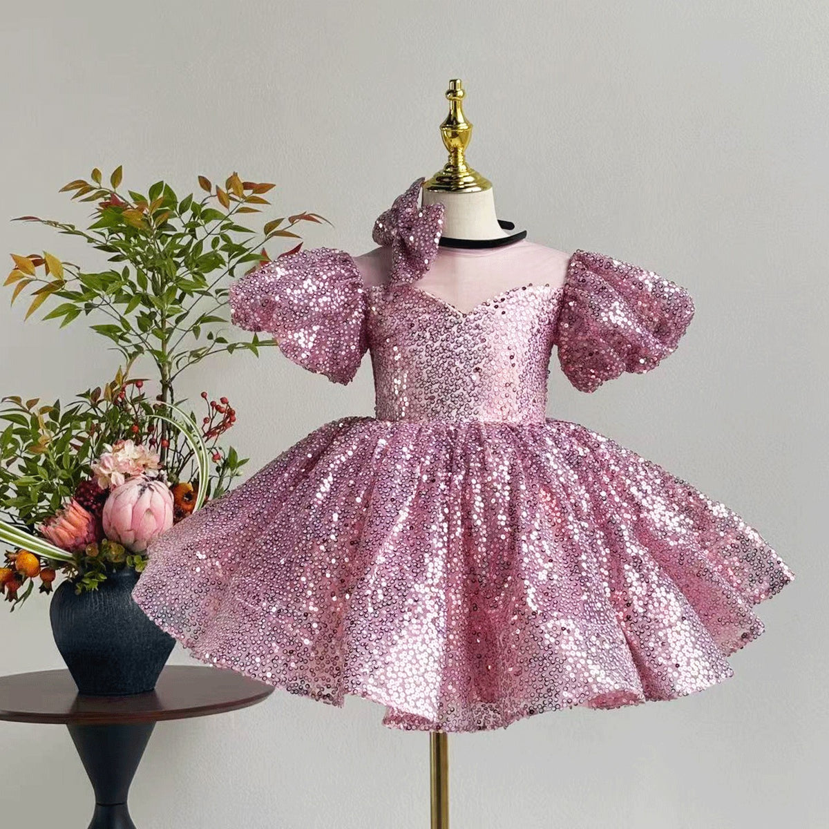 D187 pink sequin puff sleeve flower girl dress