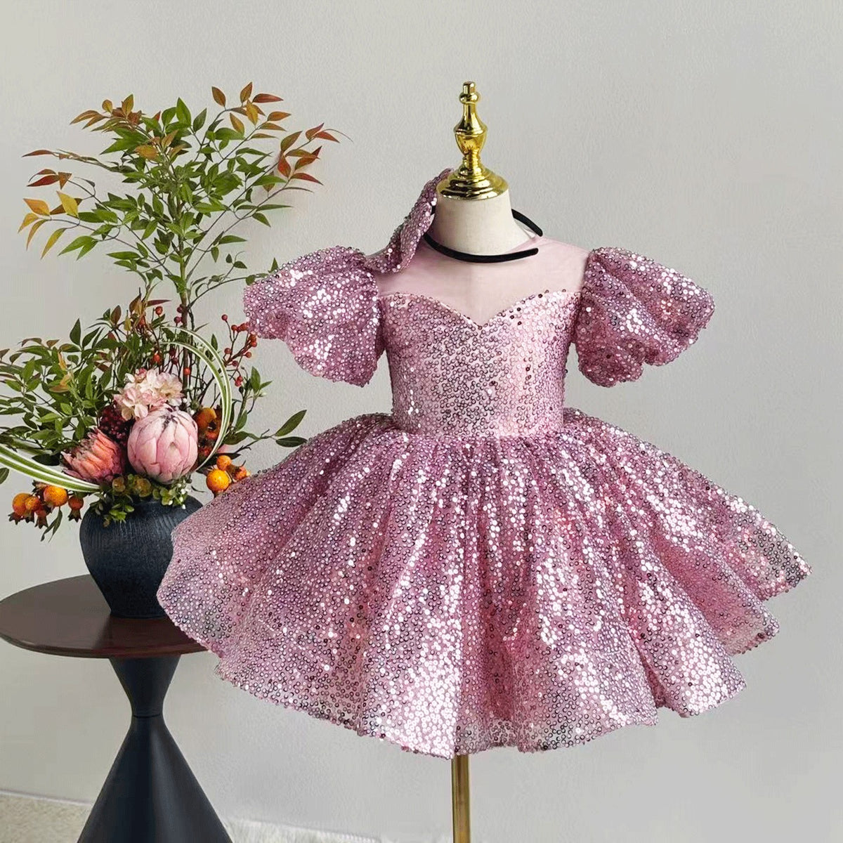 D187 pink sequin puff sleeve flower girl dress